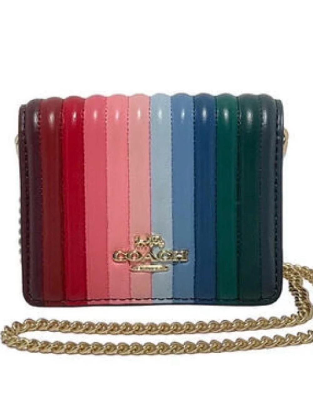 Coach Mini Rainbow Anna Quilted Leather Fold Over Crossbody with Gold Chain